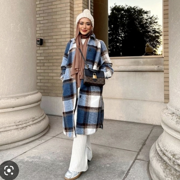 H&M Jackets & Blazers - Long Blue Plaid coat